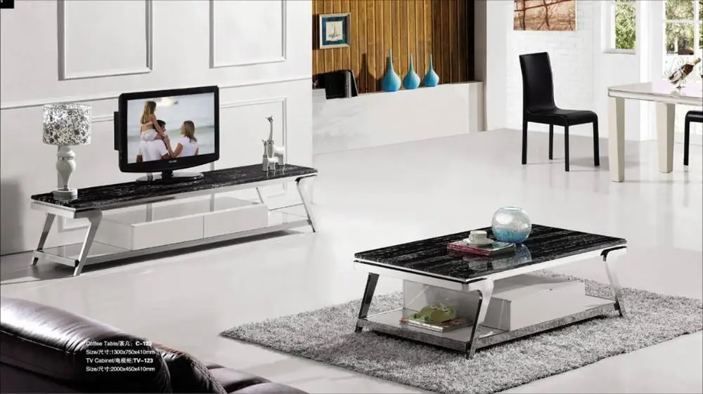 

Stainless Steel And Marble Living Wood Furniture Set,Tea Coffee Table + TV Cabinet Set Grand And Duration Furniture YQ123