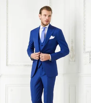 

High Quality Two Buttons Royal Blue Groom Tuxedos Peak Lapel Groomsmen Men Wedding Blazer Prom Suits( jacket+Pants+vest+tie)