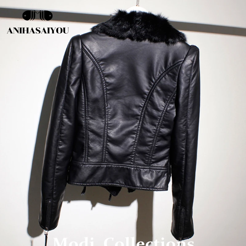 Faux leather jackets women short winter new Korean version of the rabbit real fur collar short plus velvet faux leather jackets
