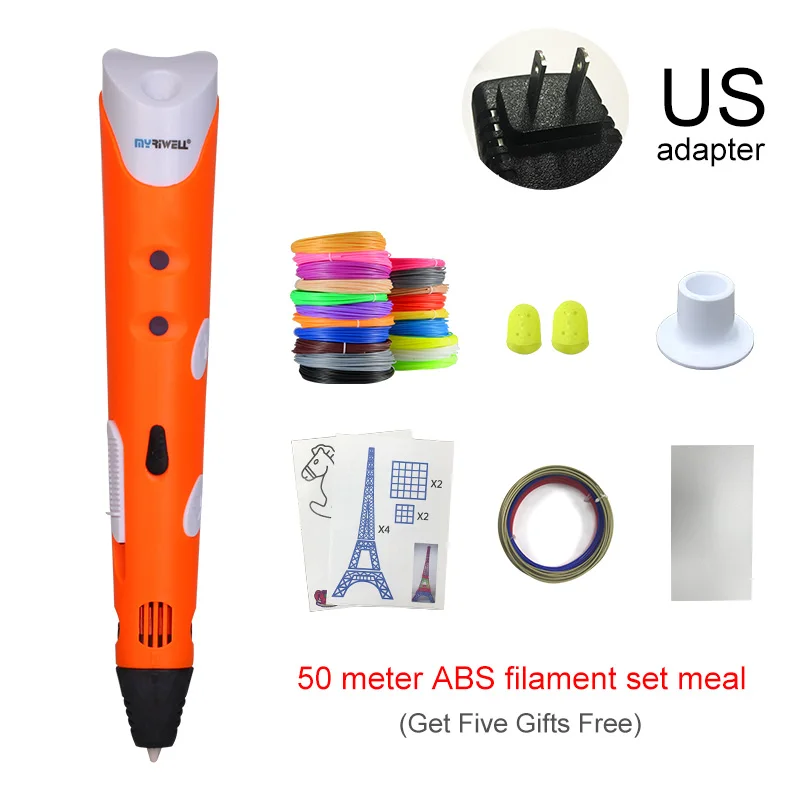 Myriwell 3D Ручка с 50 м 1,75 мм ABS нитью, умная 3D Ручка для печати, 3d ручки для детей, подарок на день рождения, Рождество, 3d Ручка для рисования - Цвет: Orange US