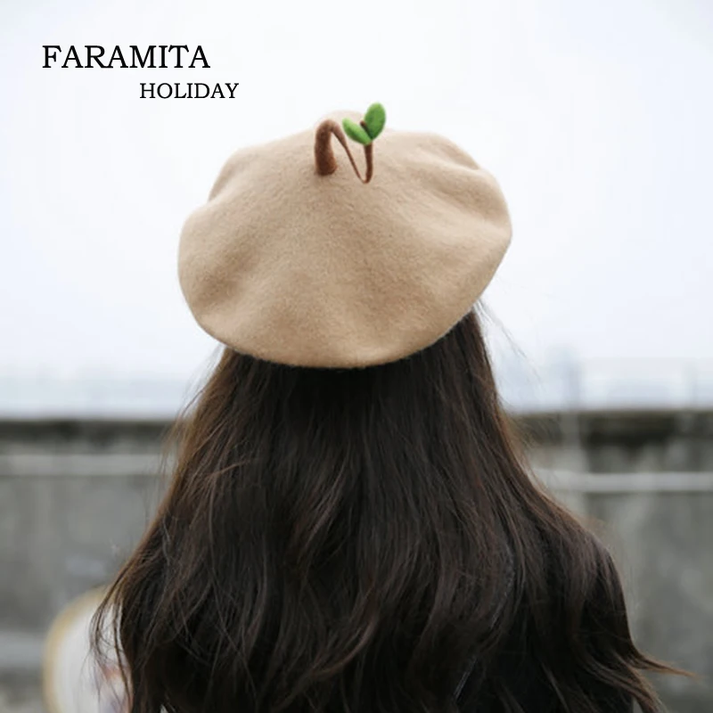 

Faramita Holiday Bean Sprouts Plants Wool Felt Women Girls Boys Kids 4 Color Berets Hand-made Spring Cute Soft Round Child Hats