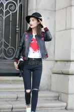 2016 New Red Star Pattern Womens Real Sheep Leather Jackets Ladies Genuine Leather Casual Coats Round Collar AU00882