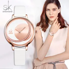 Unique Elegant Women Watch Luxury Rhinestone Leather Quartz Wristwatches Fashion SHENGKE Brand Waterproof Gift Clock for Lady