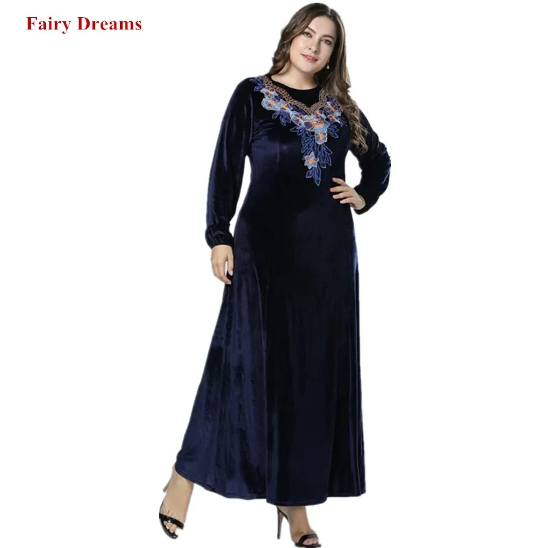 Женское Moslim abaya платье из Дубая с вышивкой темно синее длинное мусульманское