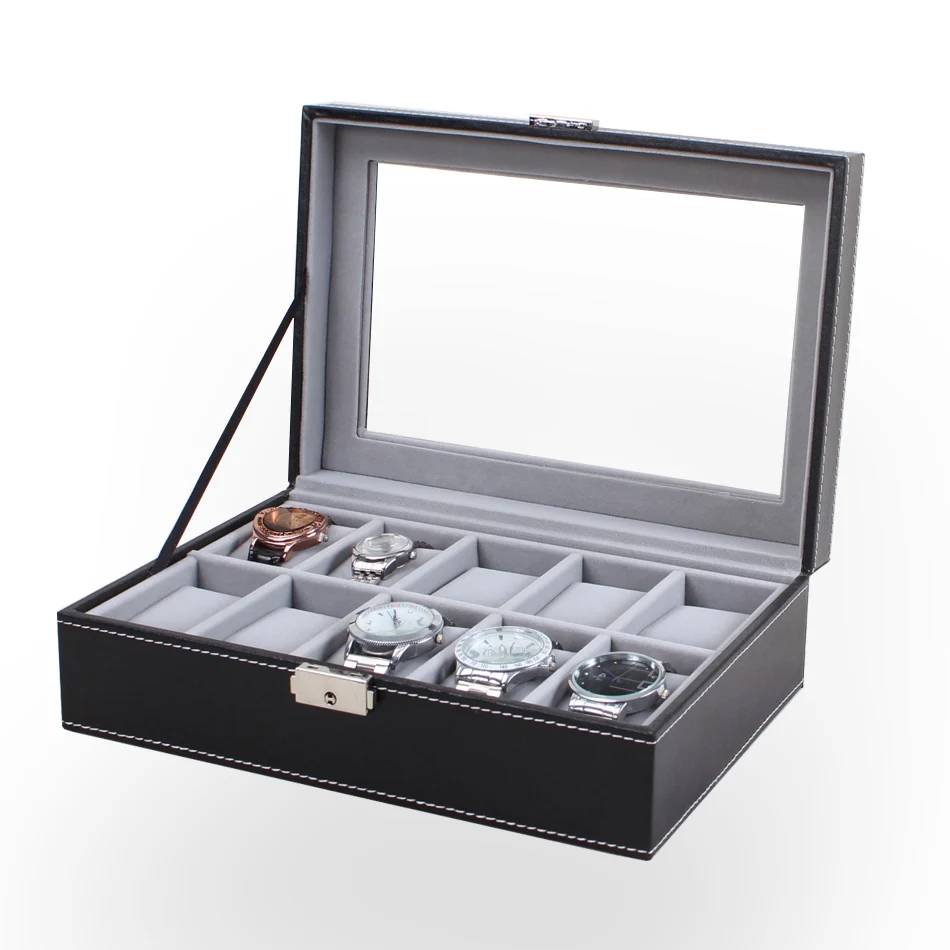 ZLIMSN 10 Grids Watch Display Box Black Leather Watch Box Transparent