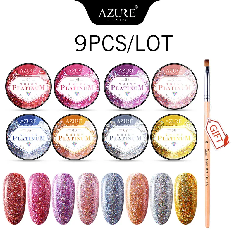 Azure Beauty 8Pcs/Lot Sparkly Glitter UV Gel Nail Polish Set Newest Shiny Glitter Led Hybrid Nail Varnish Semi Permanent UV Gel - Цвет: With Nail Brush