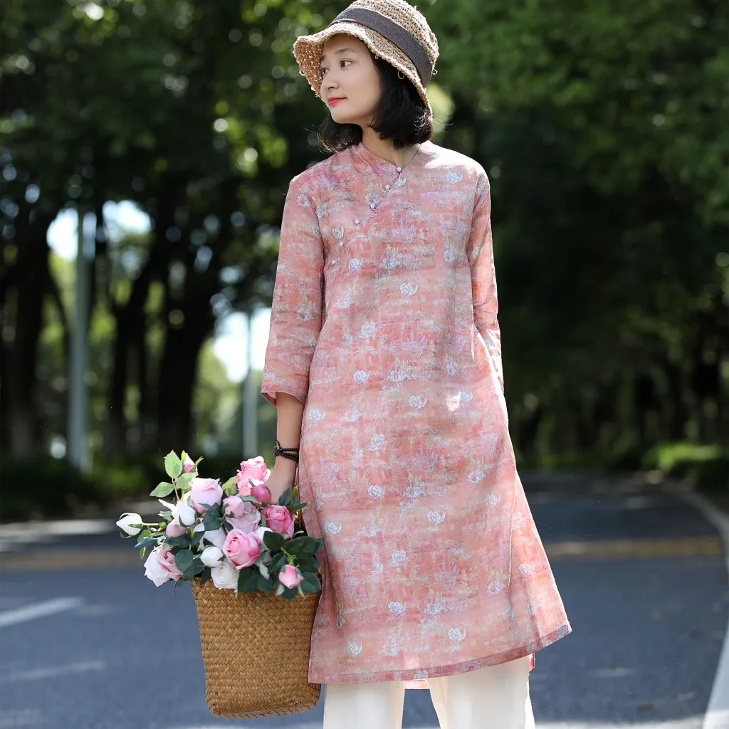 

Autumn Double-layer Crossbody Improved Cheongsam Slim Dress High Slit Double-layer Ramie Button Dress