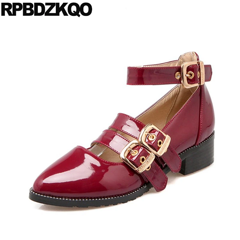 

Gold Red Size 44 Fashion 45 Mary Jane Metallic Pointy Designer Shoes China Women 13 Large Ankle Strap 12 Low Heel Patent Leather