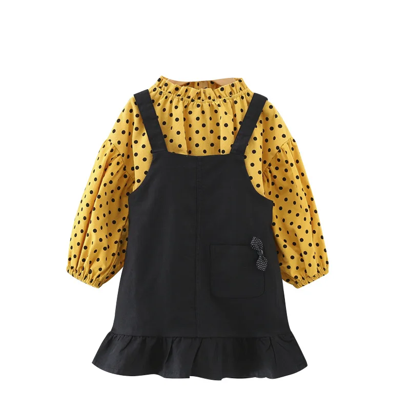 

2PCS Girls Set Spring Children Suit Cotton Long Sleeve Polka Dot Girls Shirt + Suspander Skirt Fashion Girls Clothes
