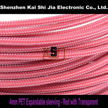 

200 Meters 4MM Round High Density Sleeving Red with Transparent tracer PET Braided Expandable Sleeve For Cable Protection
