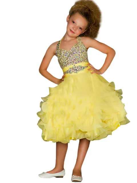 Cheap Gorgeous Flower Girl Dresses Crystal Halter Pageant Dress Open Back Ruffles Cupcake Tutu Vestidos National Glitz Ball Gowns