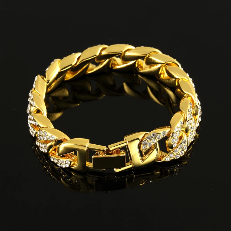 Men's Thick Gold Zircon Cuban Link Bracelet Bling Hip hop Jewelry Thick