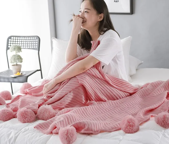 

CAMMITEVER Princess Style Travel Knitted Blankets Warm Fluffy Balls Decor Blanket Warm Sweater White Car Throws Sofa Blanket