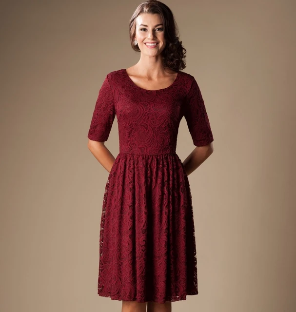 Burgundy Vintage Lace Short Modest Bridesmaid Dresses With Half Burgundy Vintage Lace Short Modest Bridesmaid Dresses With Half Sleeves Scoop A Line Knee Length