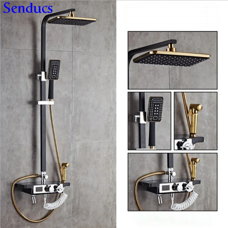 Senducs Black Digital Shower Set European Gold Bathroom Bidet Quality Brass Bath Shower System
