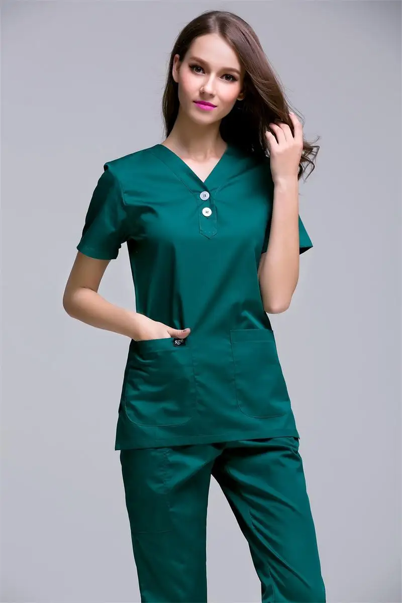 Новое поступление, Женская медицинская Униформа с короткими рукавами, набор униформы для спа, рабочая одежда, две пластиковые пуговицы в центре - Цвет: deep green