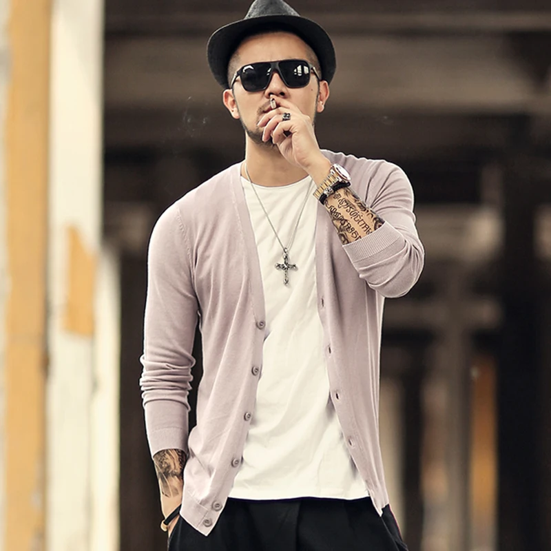 

New European style men's long sleeve knitwear cardigan woolen spring metrosexual man knitted cardigan slim solid color 2018