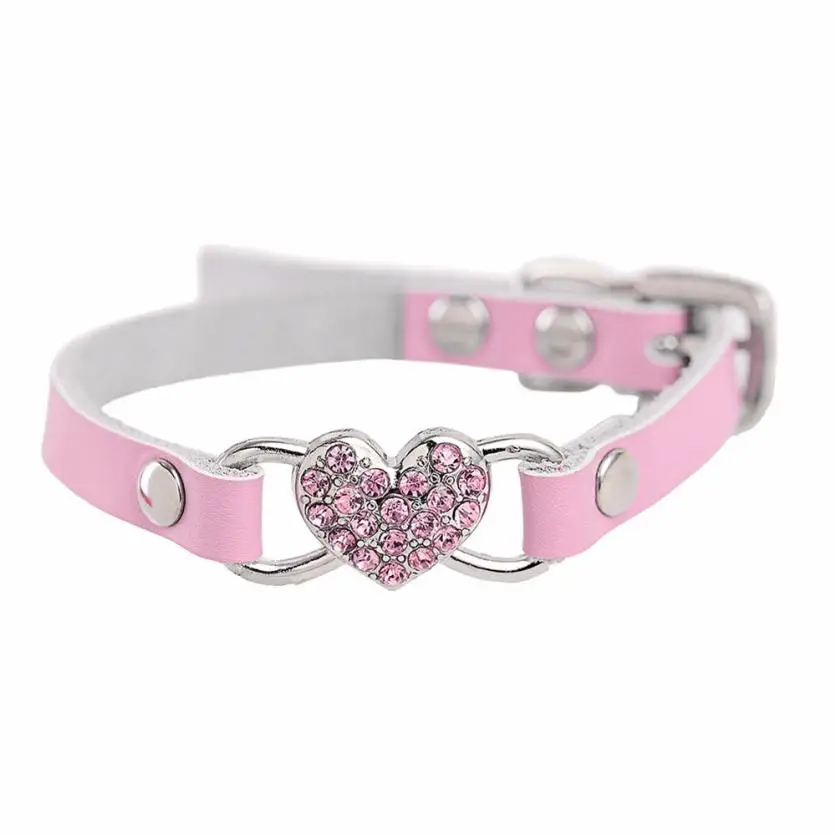 Adjustable Rhinestone Peach Heart Leather Pet Puppy Dog Collar Neck