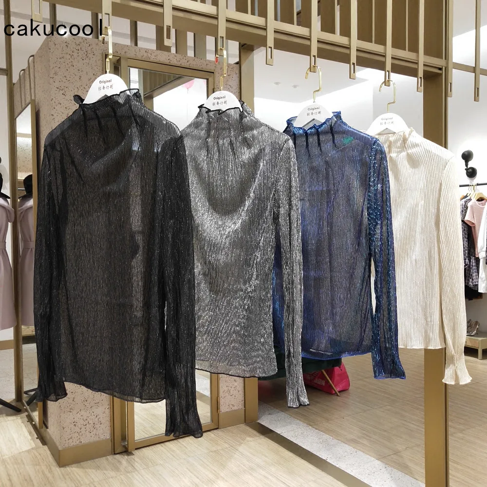 Cakucool Горячая Золотой Люрекс блузки рубашка Для женщин с длинным рукавом и