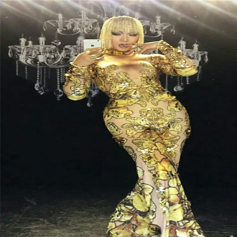 

S23 Ballroom dance costumes Golden yellow Crystals jumpsuit sexy bodysuit party catwalk wears performance clothe singer stage
