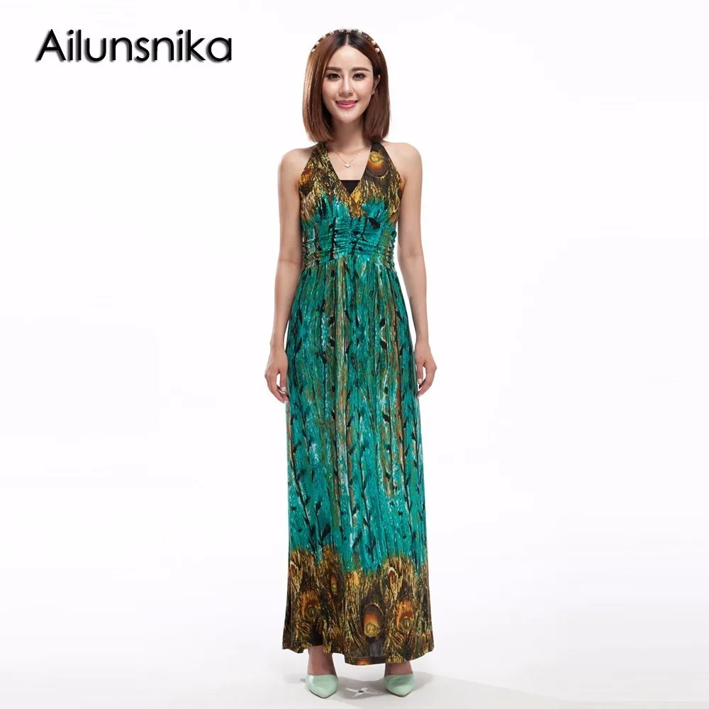 peacock print maxi dress