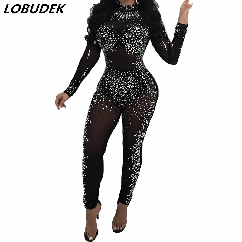 Sparkly Crystals See through Skinny Jumpsuit Black Mesh Rhinestones ...