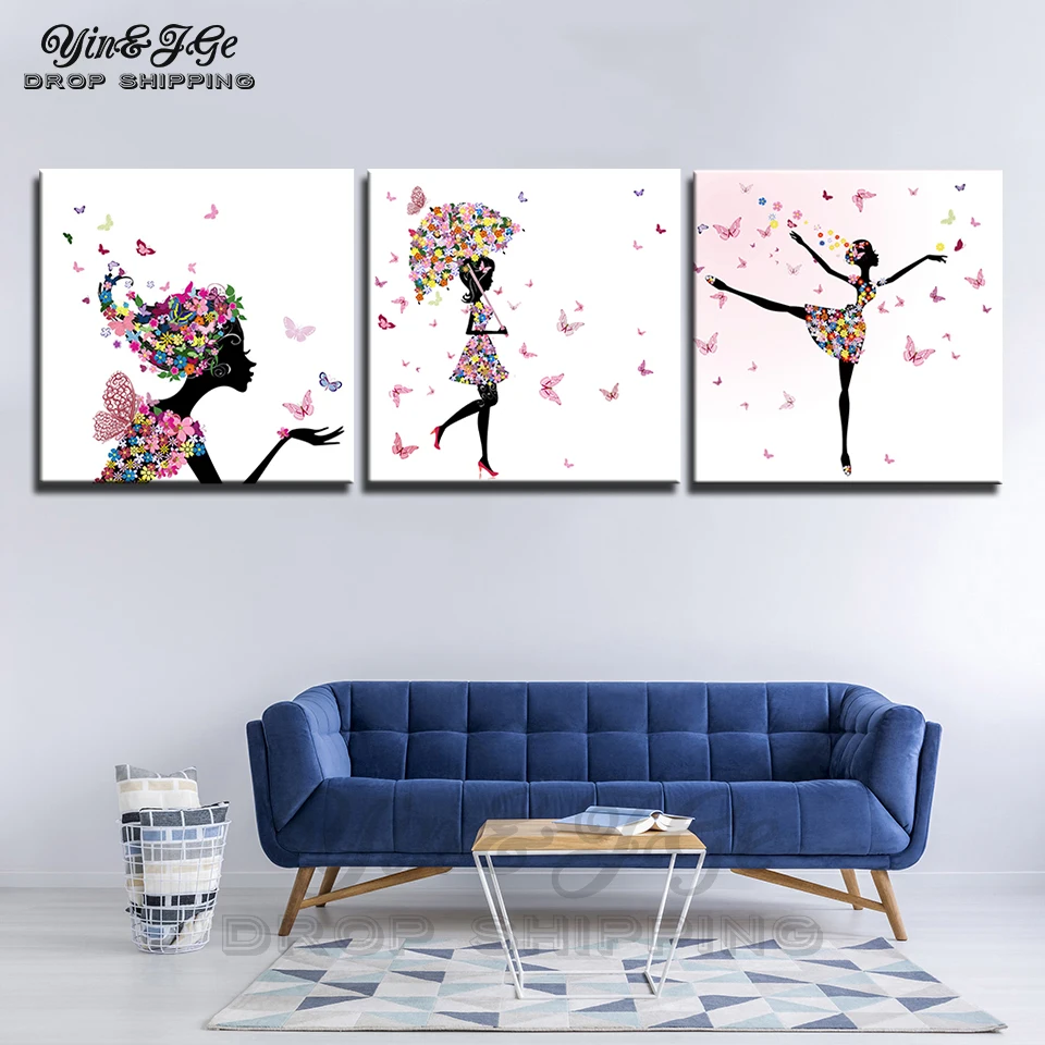 Стены искусства модульные абстрактные картины Pop холсте комплект из 3 предметов рисунок танцующей девушки Frame HD печатает живописные
