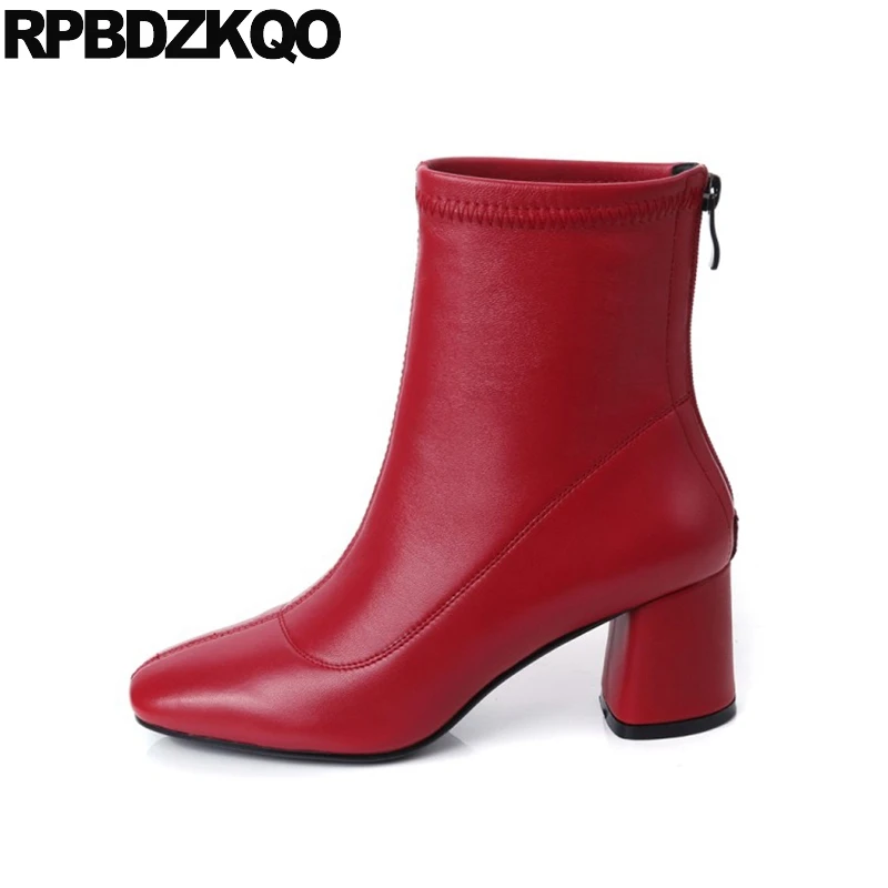 

Zipper Genuine Leather Short Fall Red Chunky 2017 Square Toe Shoes High Heel Women Boots Winter Ankle Sheepskin Quality Fashion