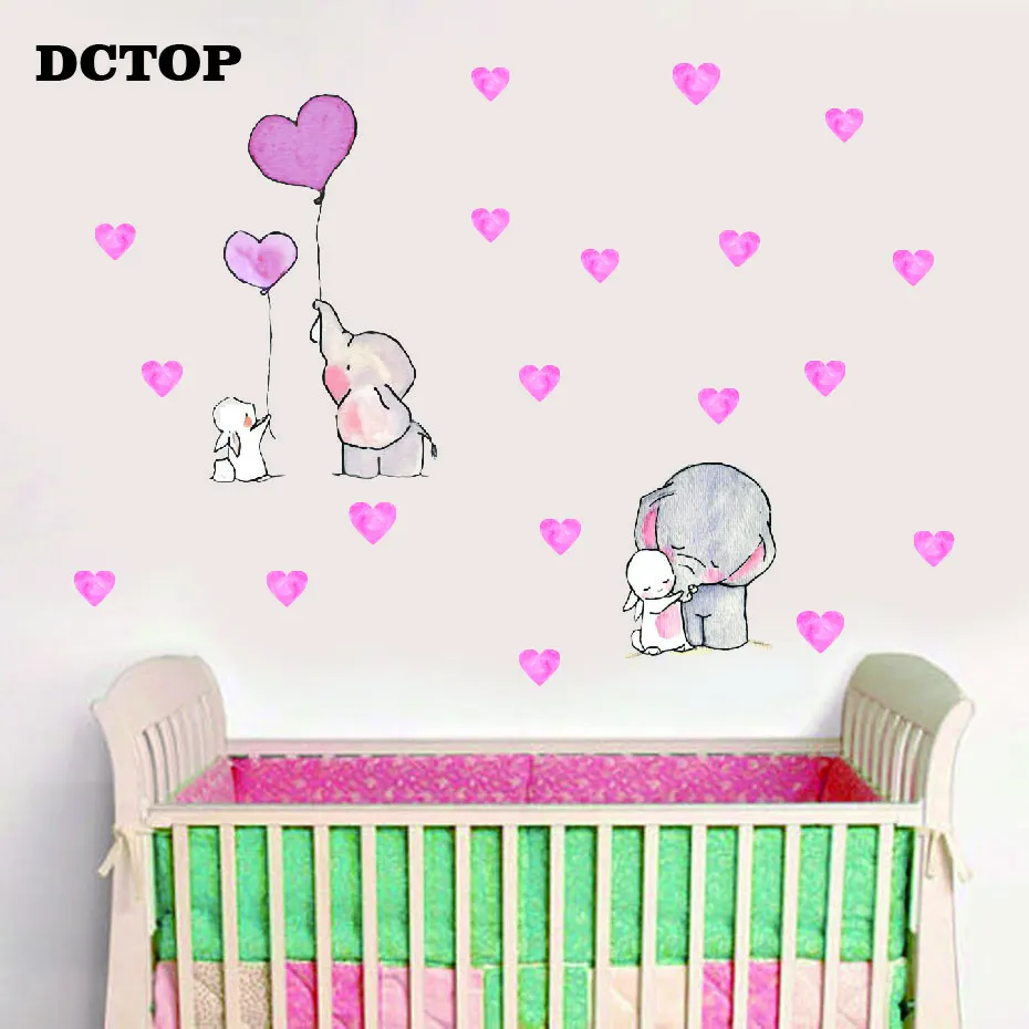 Теплый слон кролик животное стикер на стену розовое сердце наклейки своими руками для детей Детская комната для маленьких девочек домашнее декоративное искусство винилы Фреска