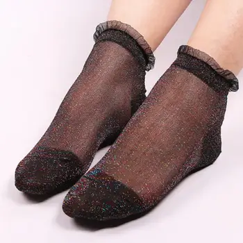

2Pairs Women Lace Sparkling Short Socks Elastic Mesh Funny Transparent Fashion Silk Polka Dot Shiny Silk Socks Drop Shipping