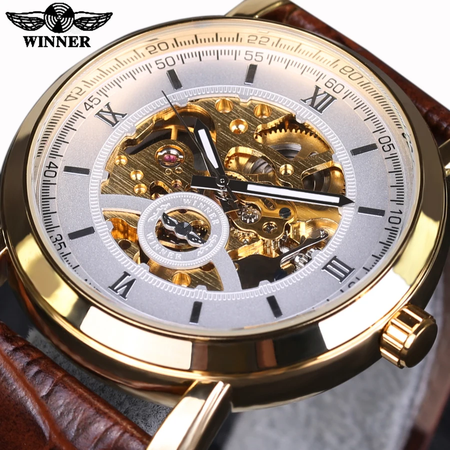 Mechanical Automatic Watch Winner Golden Bezel White Dial Brown Leather