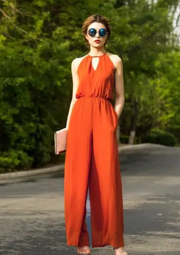 Jumpsuit for Women 2017 Summer Party Overalls Rompers Chiffon Fashion Elegant Orange Color Full Length Bodysuit S M L XL 