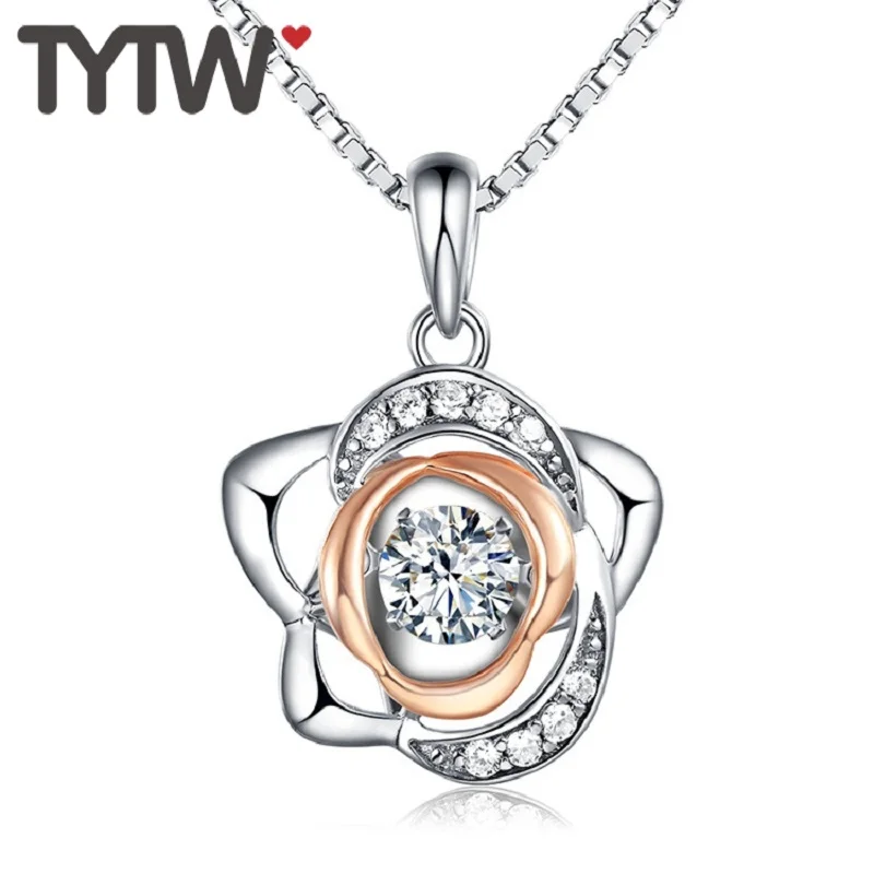 

TYTW necklace for women S925 Sterling Silver Zircon Elegant Choker Flower Dancing Stone Shiny Chic jewelry Girl Necklaces