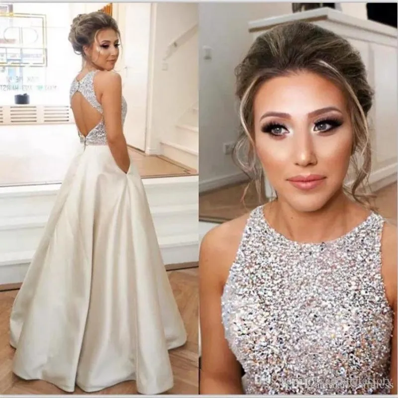 

Champagne Satin Backless Long Prom Dresses 2019 Floor Length Custom Made Stones Beaded Party Gowns Vestidos De Festa