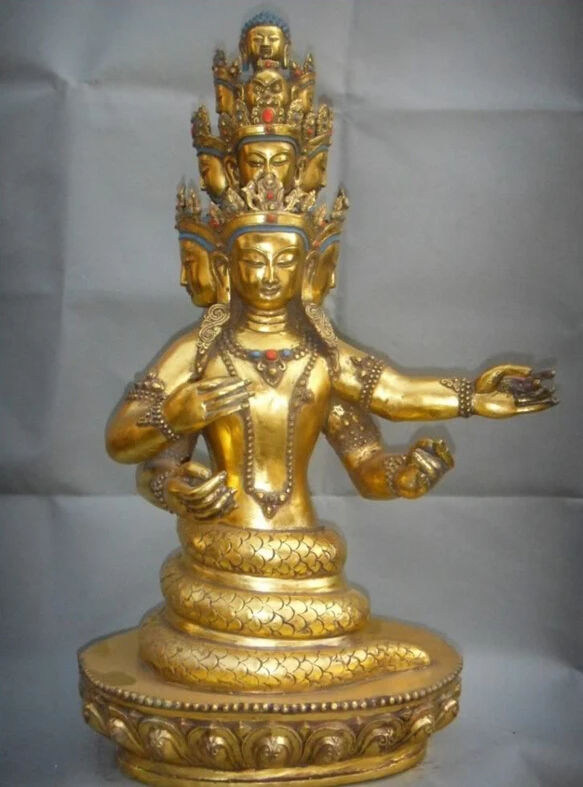 

fast shipping USPS to USA S2434 23" Tibet Tibetan Bronze Gold 5-Heads Snake Naga Kanya Goddess Buddha Statue