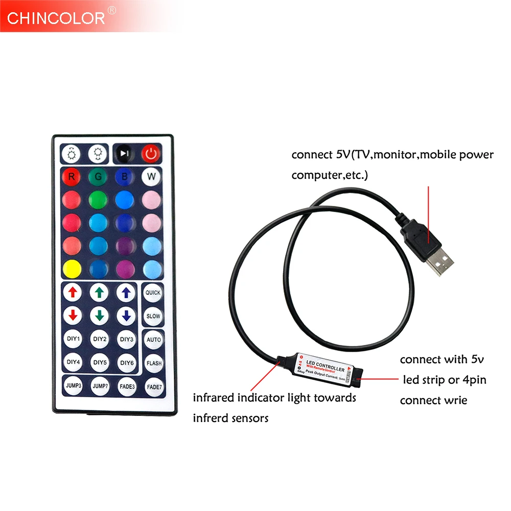 

44Key USB RGB LED Controller DC5V Mini Remote Dimmer 12A RF Wireless for 0.5M-5M RGB 3528 5050 Led Strip Tape Lighting JQ