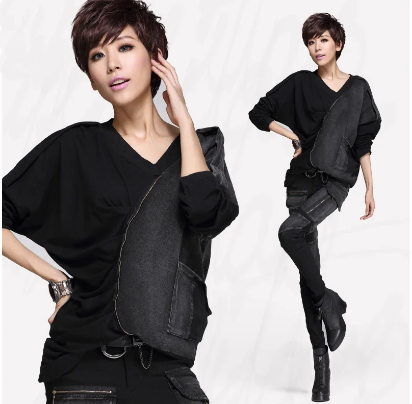 

Ladies loose large size women new V neck shirt loose bat sleeve tshirt female black color long sleeve asymmetrical t shirt