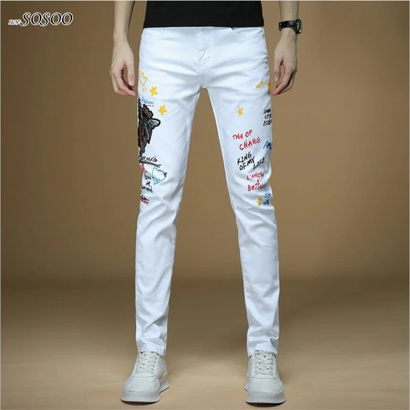

New men jeans letter printing 100% cotton white denim jeans men Korean style fashion men jeans #1309