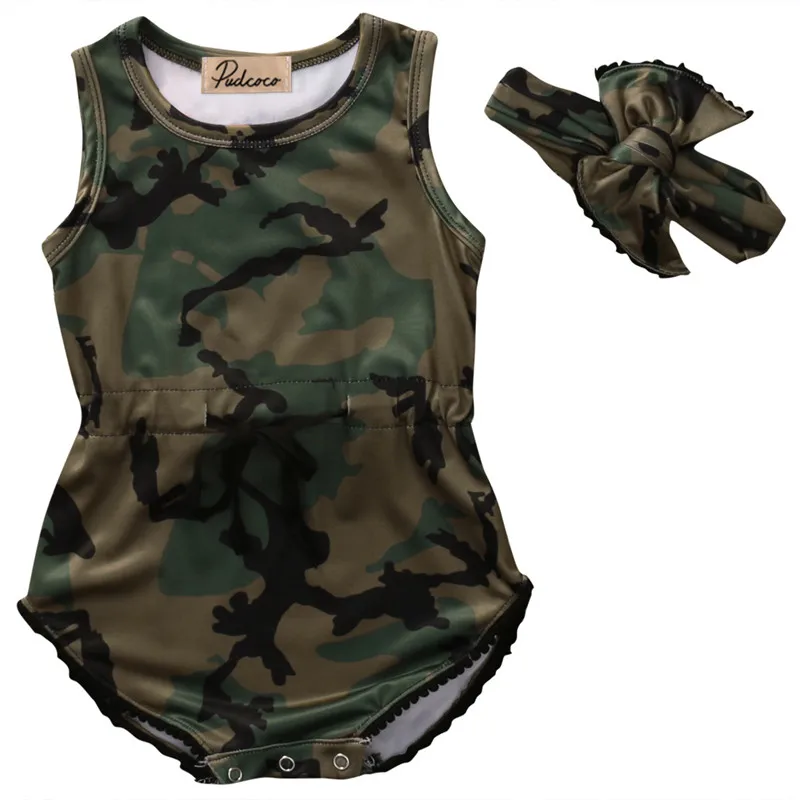 

Camouflage Toddle Newborn Baby Girls Boys Infant Romper Body suit Jumpsuit Two-Piece Sleeveless Headband Clothes Wear Sunsuit