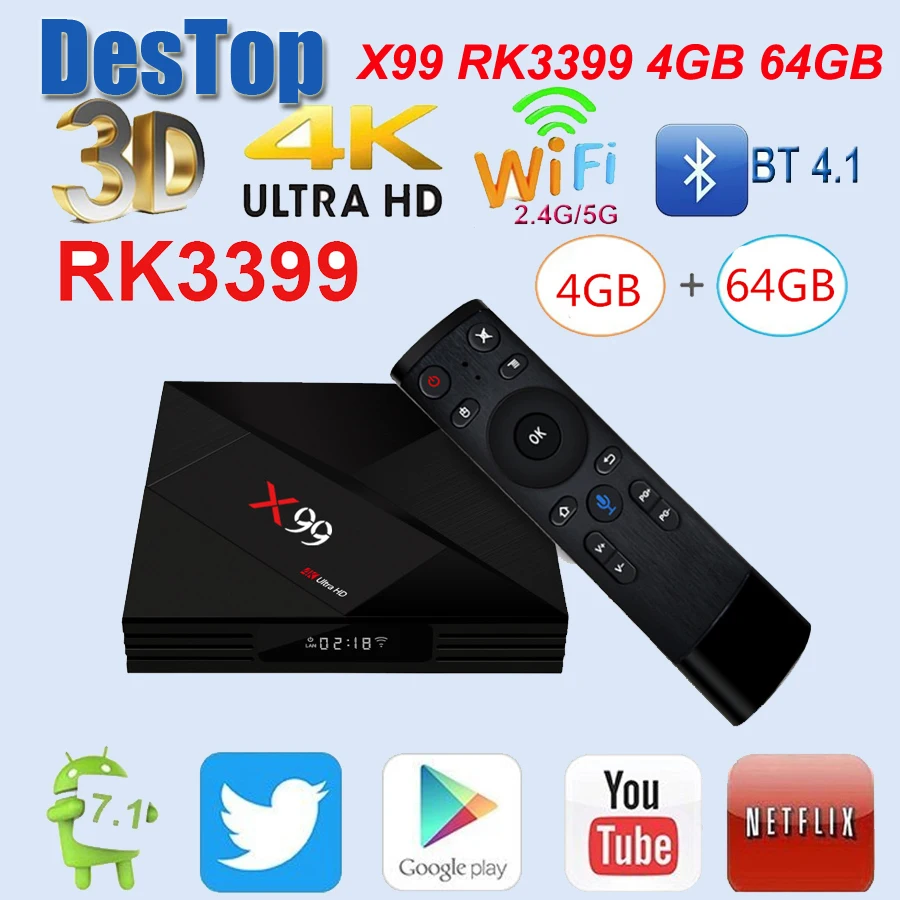

X99 Smart Android 7.1 TV Box RK3399 Six Core 4G / 64G UHD 4K With Voice remote control 2.4G/5G WiFi 1000M LAN X99 android tv box