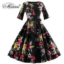 MIXINNI 50 s 60 s с цветочным принтом осень Винтаж платье тонкая талия vestidos mujer Для женщин элегантное праздничное платье