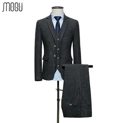 Mogu 3 предмета Для мужчин; свадебное платье в клетку Костюмы Для мужчин Мода 2017 г. решетки Slim Fit мужской костюм Азиатский Размеры M-6XL Для
