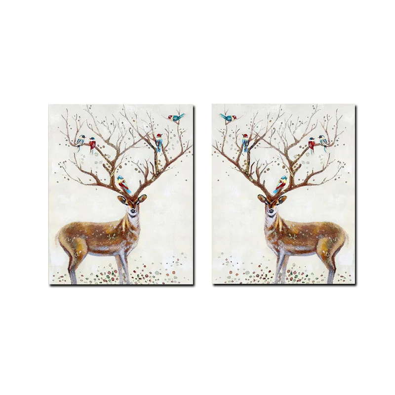 2 Panel Abstract Artistic Deer Elk with Bird Canvas Painting Giclee Animal Print Poster Minimalist Wall Picture For Living Room (2)