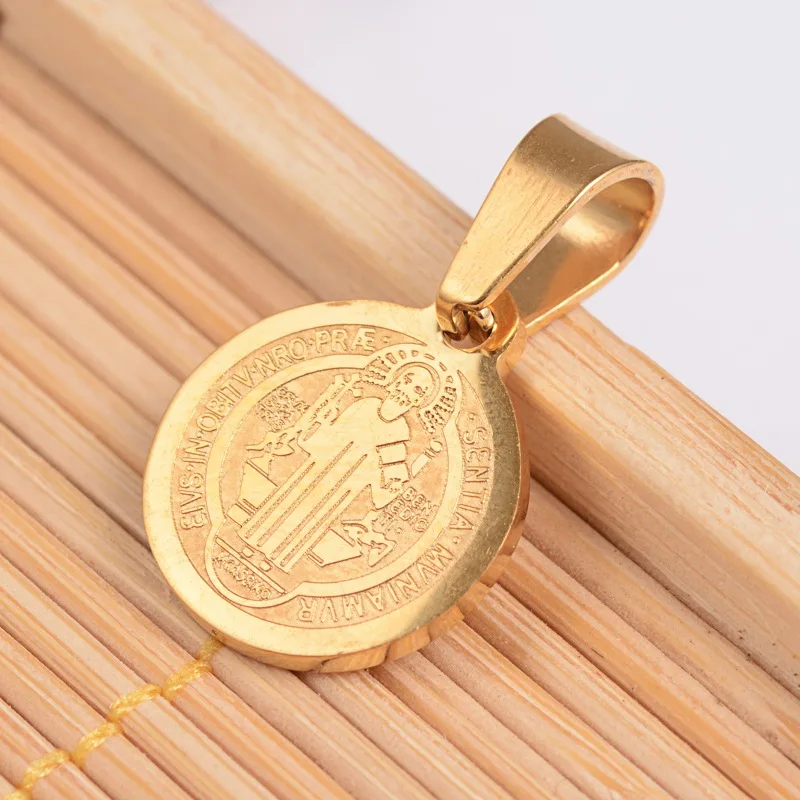 50pcs Flat Round with San Benito & Word Necklaces&Pendants For Stainless Steel Gold Pendant Necklaces 14x12x1.2mm, Hole: 4x6.5mm