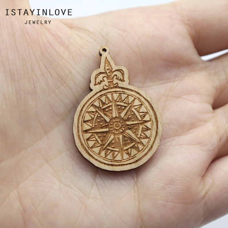 Handmade Jewelry Making Supplies Beads Laser Cut Wooden Compass Charm For DIY Necklace Earring