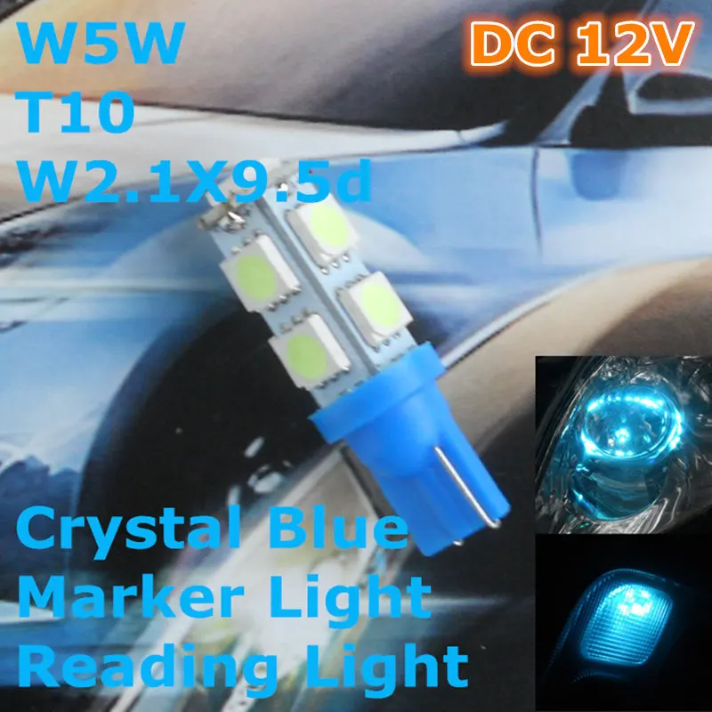 

12V LED Crystal Blue Color Car Bulb Lamp T10(9*5050 SMD)W5W W2.1X9.5d for Signal Top Reading Width Light