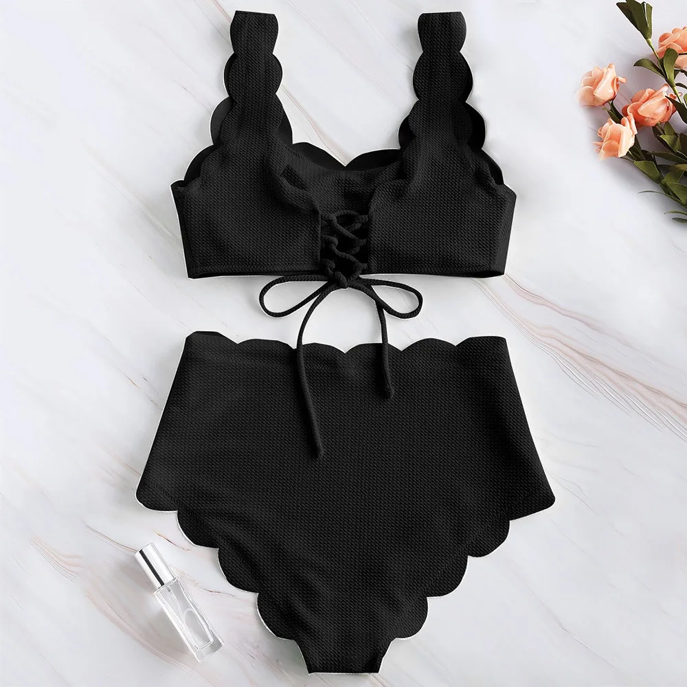 Women Scalloped Textured High Waisted Bikini Set Solid Two Pieces Beach Bathing Suits Swimwear Lace Biquinis Bathing Suits L0612