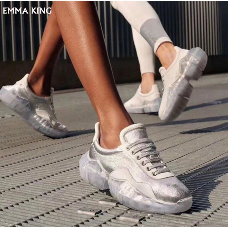 

2019 NEW Sneakers Women Transparent Crystal Bottom Casual Shoes Lace-Up Zapatos de mujer Platform Increase Within Shoes Women