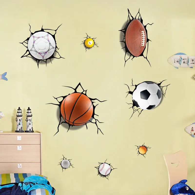 3D много шаров сломанные наклейки на стену Футбол Баскетбол домашние наклейки на окна для мальчиков комнаты гостиной спортивный Декор Фреска