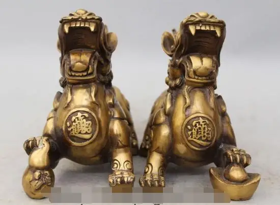 

S1023 7" Chinese Bronze Folk Feng Shui Wealth Lucky Pi Xiu Unicorn Beast Statue Pair